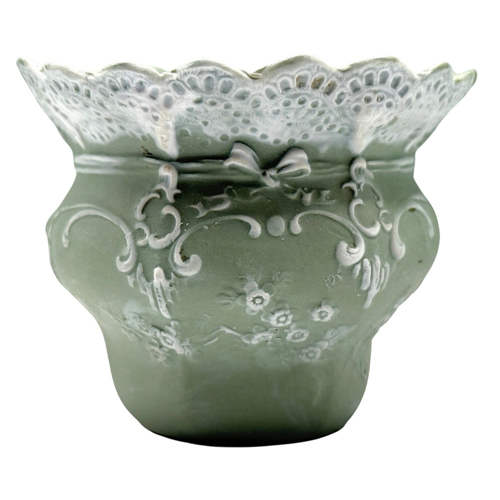 Antique Schafer Vater Green Jasperware Lace Bow Sugar Bowl 2410 Crown Star Mark